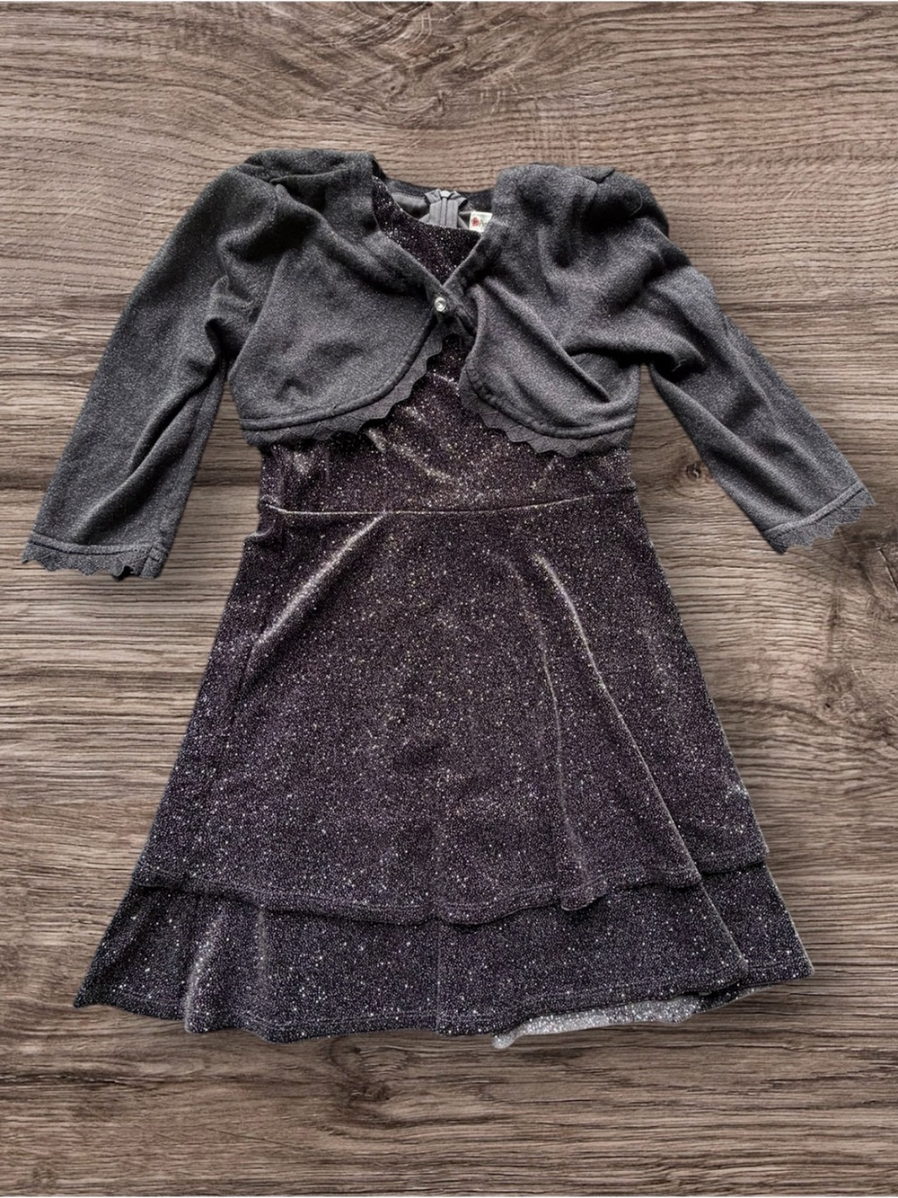 Girls Poppies and Roses Black and Silver Velour Dress and Removable Sweater